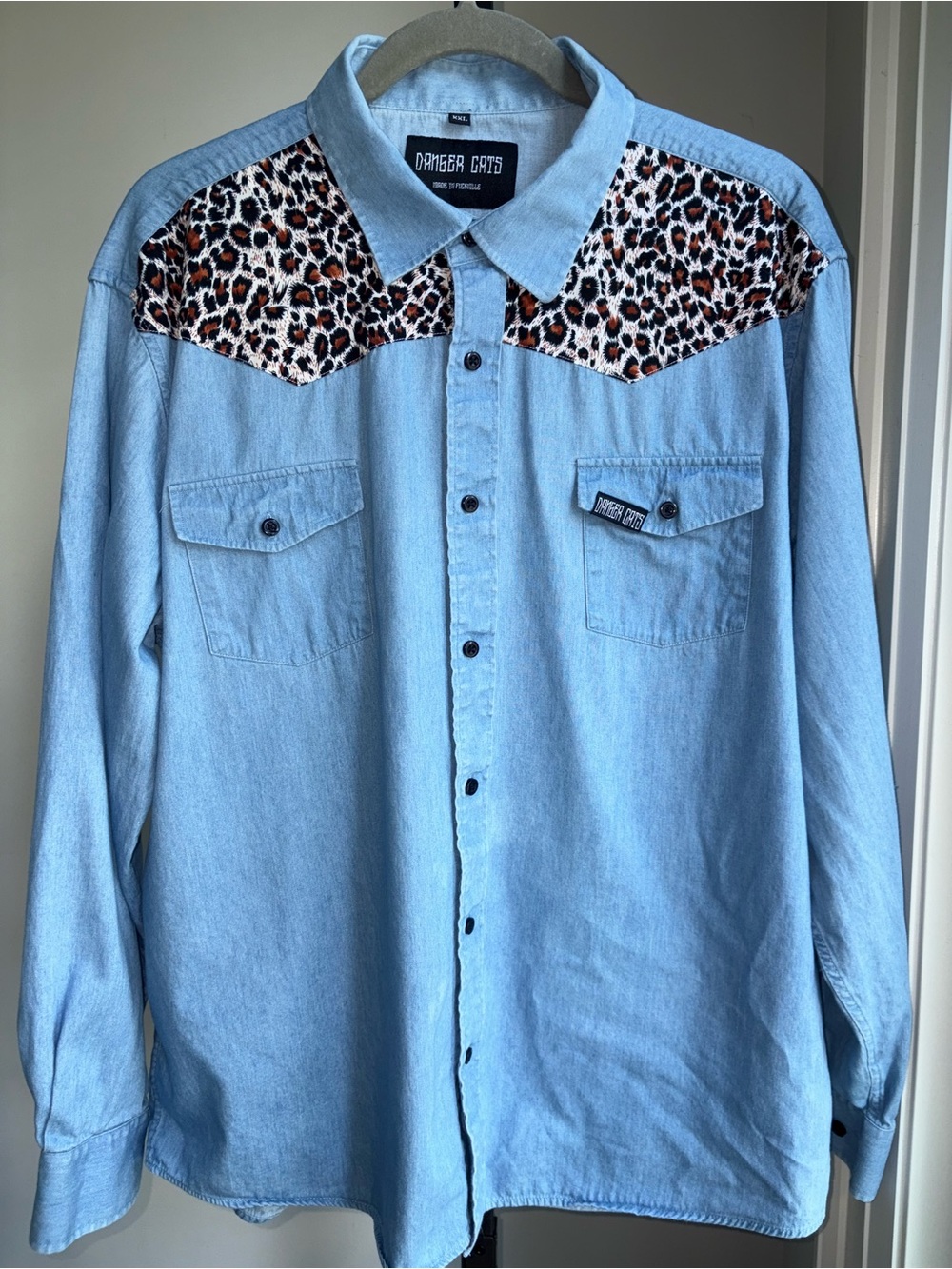 Danger Cats Leopard Panel Chambray Button-Up Shirt XXL Rockabilly Western Punk